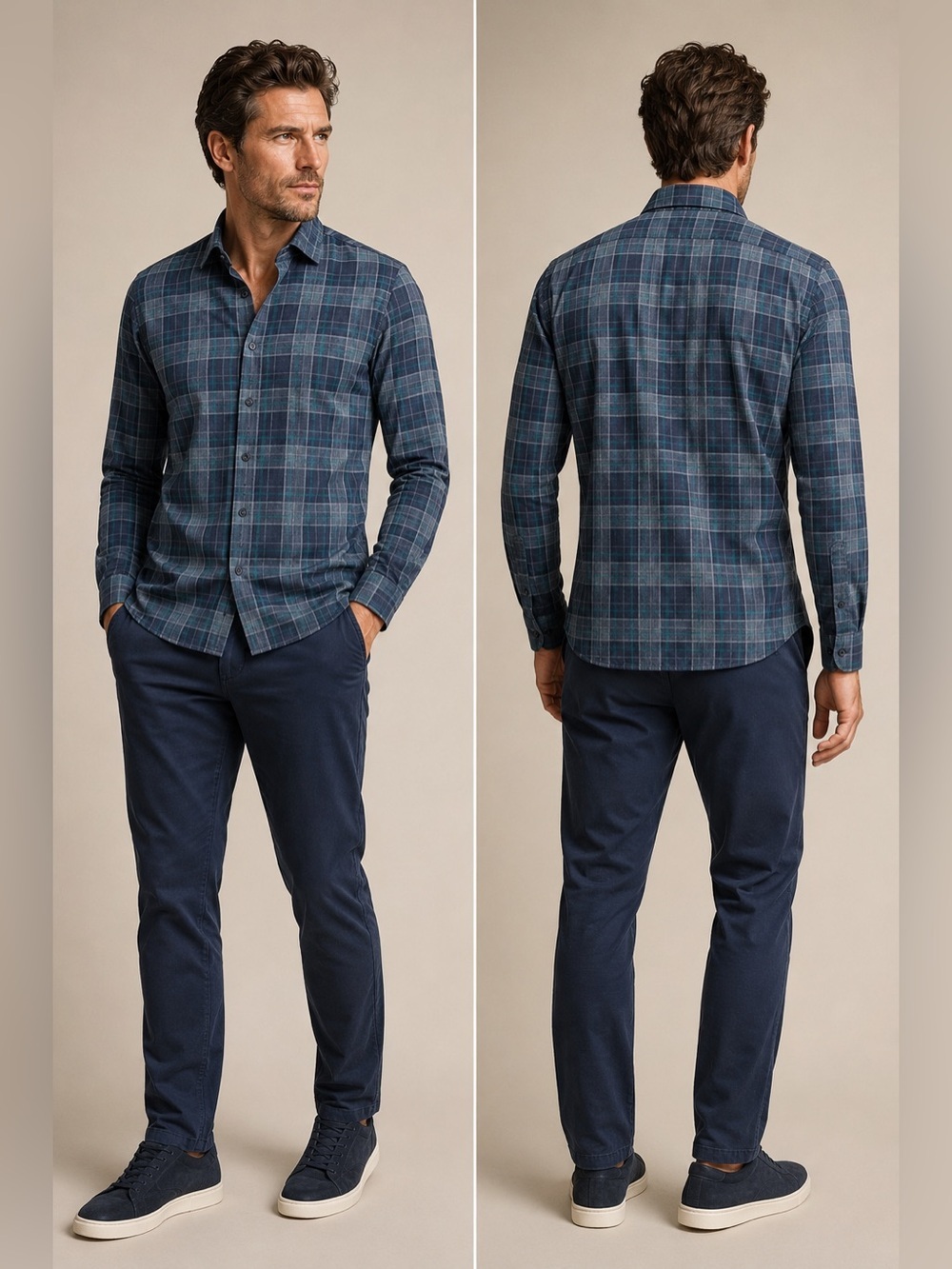 DeSoto Plaid Jersey Knit Button-Up Shirt XL Blue Made in Europe NWT